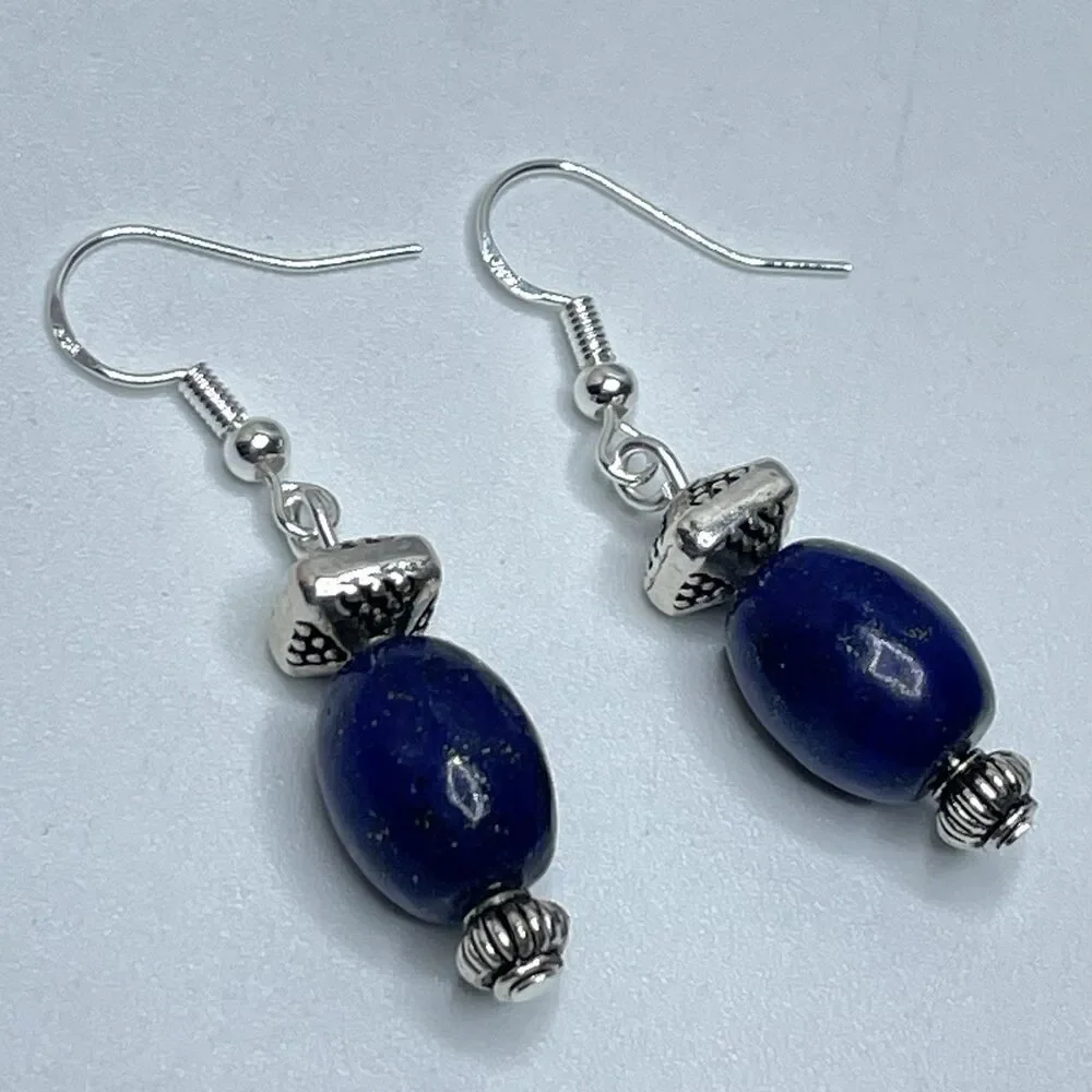 Artisan Silver Blue Lapis Lazuli Stone Beaded Dangle Earrings Boho Cute